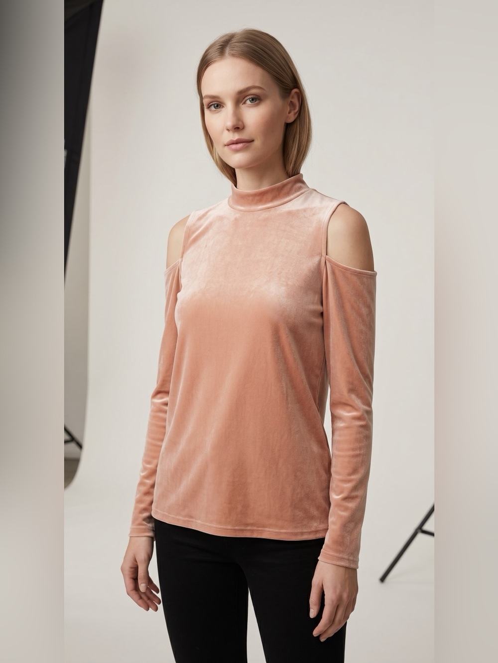 Forever 21 Velvet Cold-Shoulder Mock Neck Top - Blush